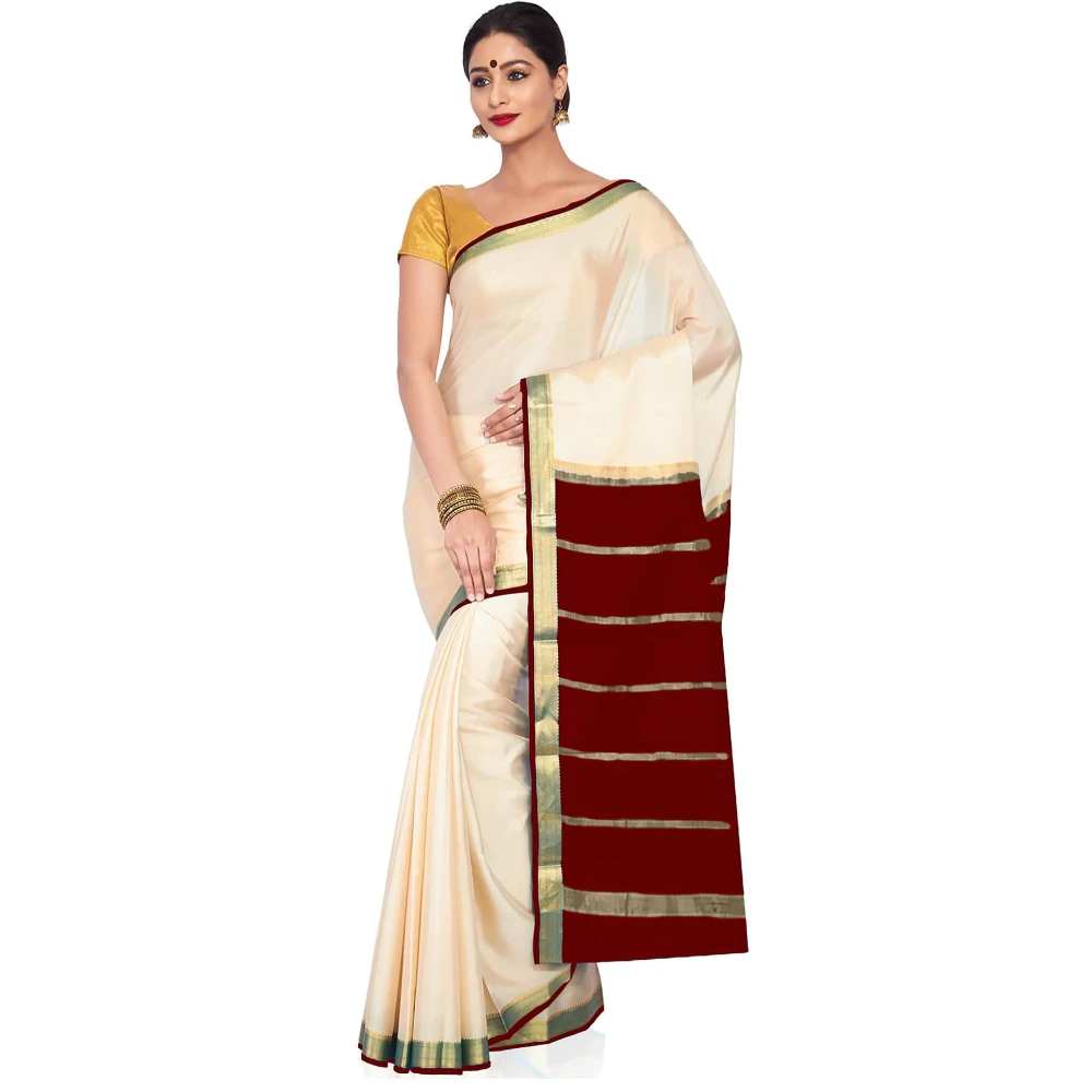 Tussar Cream with Marron  Contrast Onam Special Pure Mysore Silk Handwoven saree