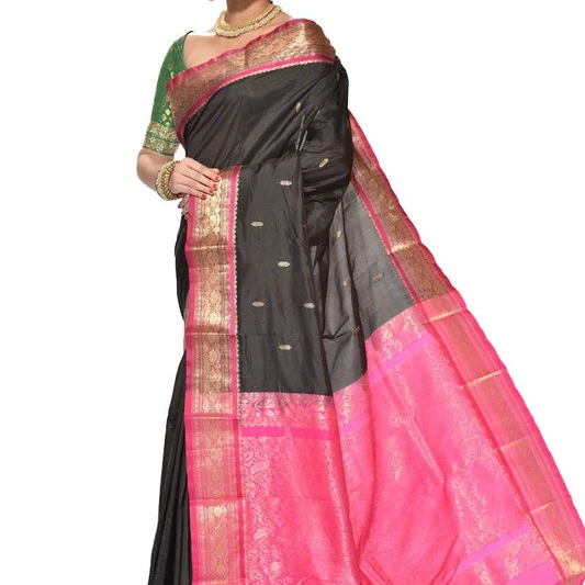 Traditional Kanchipuram Pure Silk Saree in Black with Rani Pink Contrast 