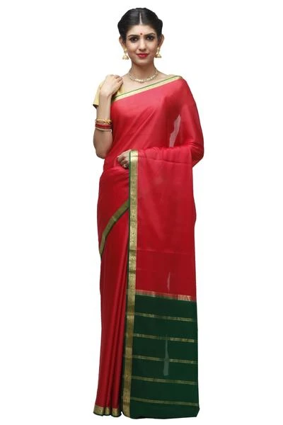 Red and  Green with Marron  Handwoven Pure Mysore Silk saree