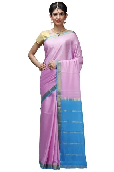 Baby Pink with Anandha Blue Contrast Handwoven Pure Mysore Silk saree