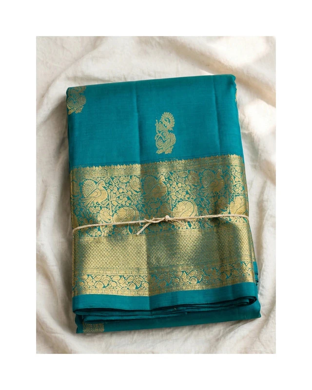 Peacock Blue Teal Kanchipuram Pure Silk Handloom Saree with Antique Gold Zari Peacock & Mango Butta - Silk Mark with Blouse