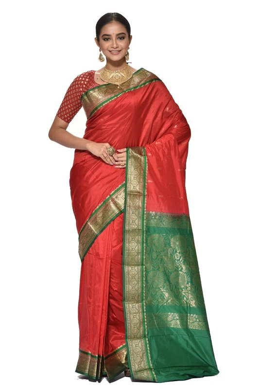 Nine Yards Traditional Kanchipuram Pure Silk Saree in Red with Green Pink Contrast