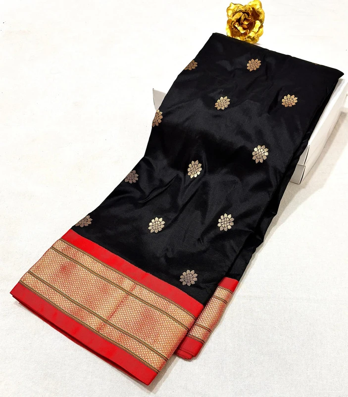 Elegant Black Pure Silk Paithani Saree with Gold Lotus Buti & Striking Red Zari Border