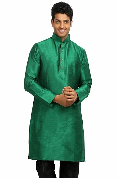 Bottle Green Dupion Silk Mens Kurtha with White Pajama