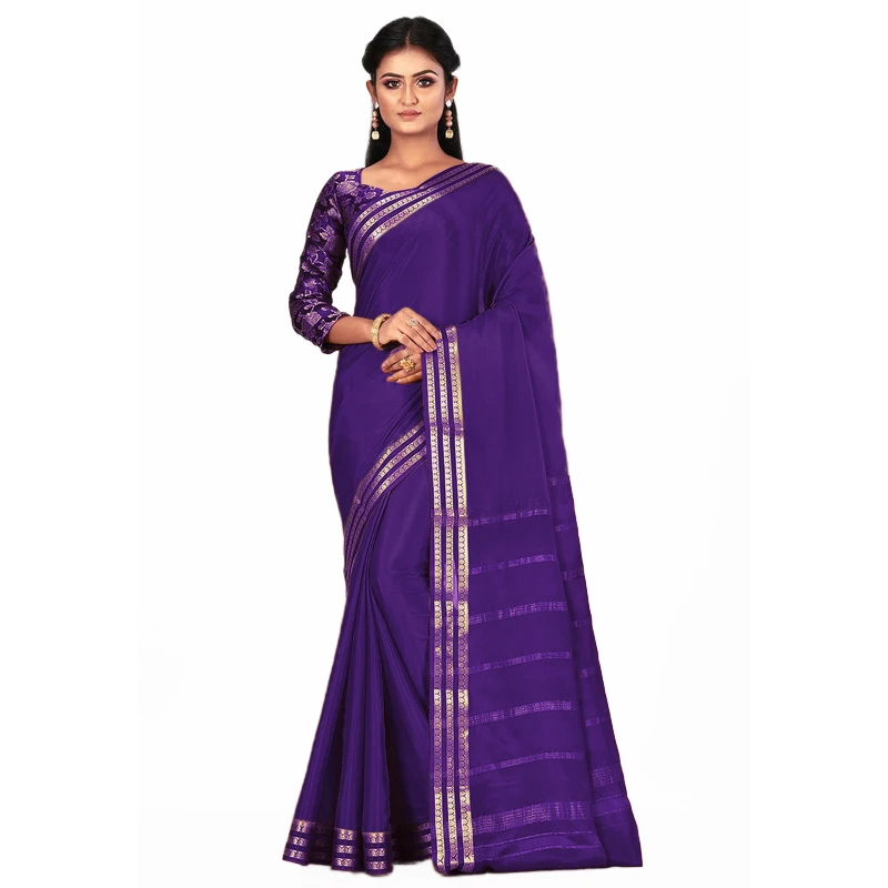 Purple Self Coloured Three Lines Border Pure Mysore Silk Saree with silk Mark