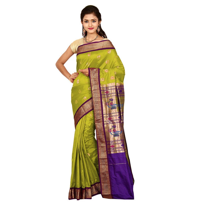 Paithani Pure Silk Olive Green with Violet Border Meena Butta  Saree with Silk Mark
