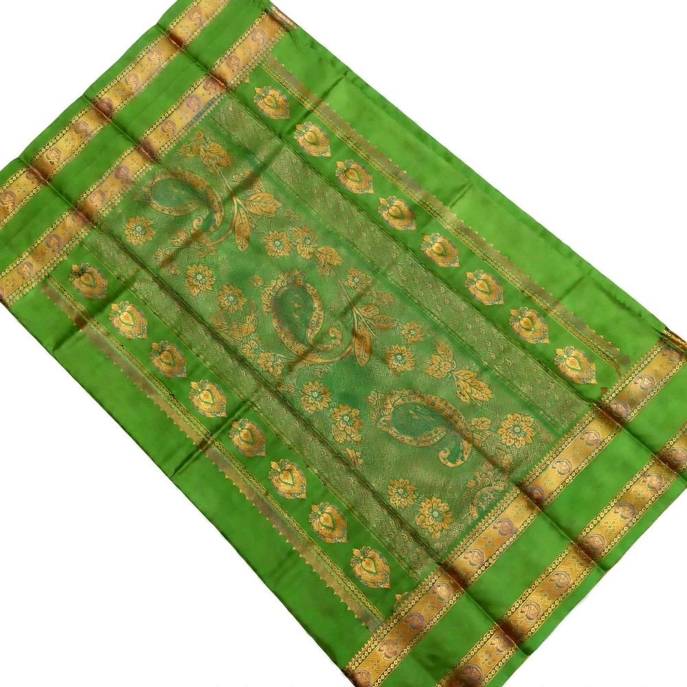 Red and Lime Green Kanchipuram silk saree with Bentex border and golden motifs