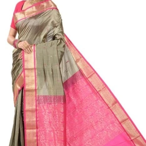 Grey and Rani Pink Contrast Traditional Sarees for Arangetram in Kanjeevaram Silk