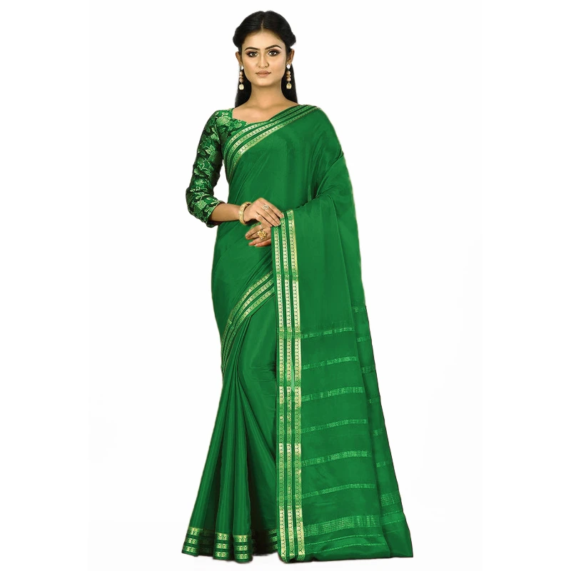 Dark Green Self Coloured Three Lines Border Pure Mysore Silk Saree with silk Mark