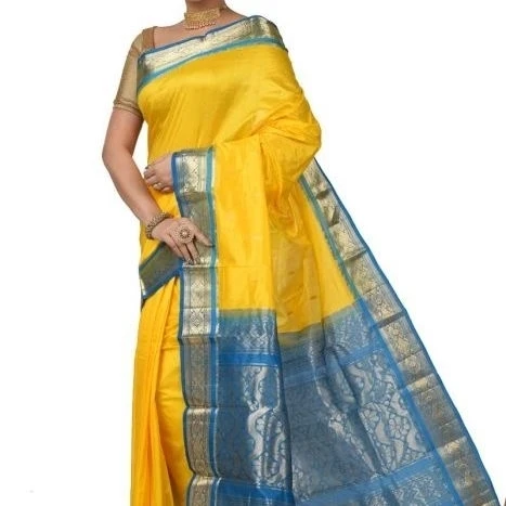 Traditional Kanchipuram Pure Silk Saree in Golden Yellow with Anandha Blue Contrast 