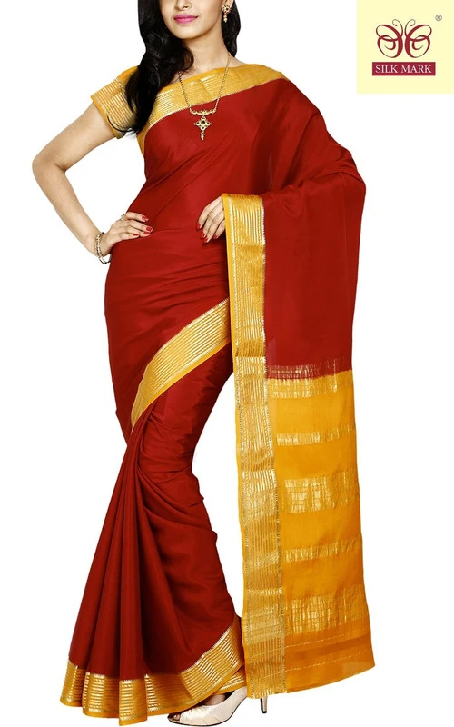 Marron with Mustard Orange Contrast MultiLine Border Premium Quality Pure Mysore Silk Saree