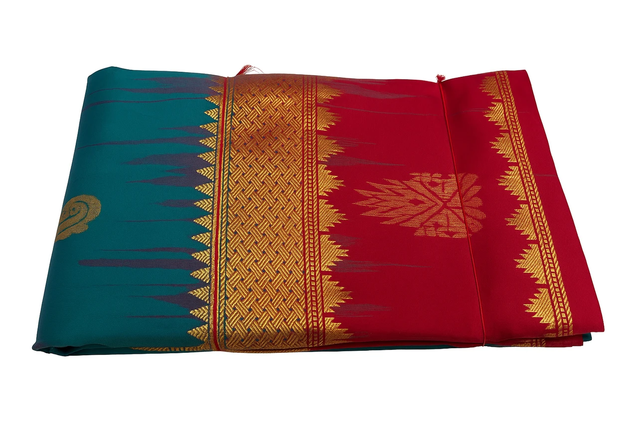 Teal Blue & Red Contrast Exclusive Kanchipuram Pure Silk Saree with Bentex Border