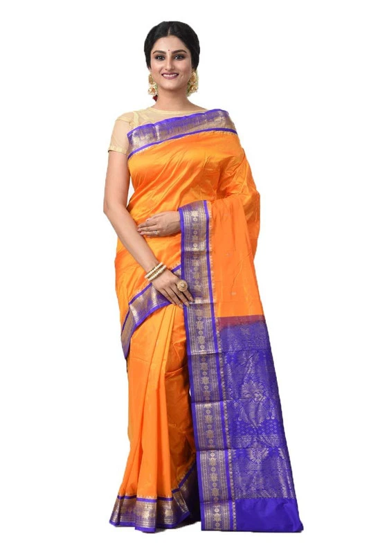 Nine Yards Kanchipuram Pure Silk Saree in Orange with Voilet Contrast