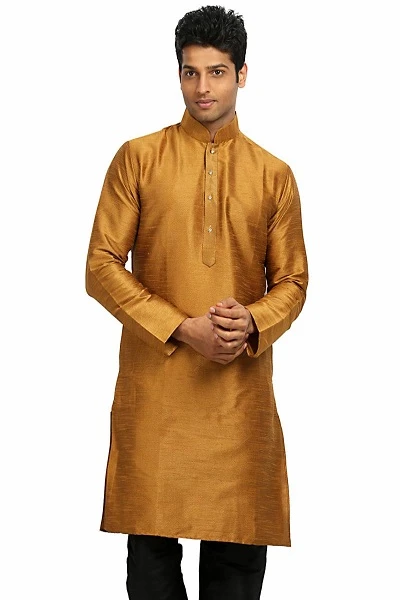 Metallic Gold Dupion Silk Mens Kurtha with White Pajama