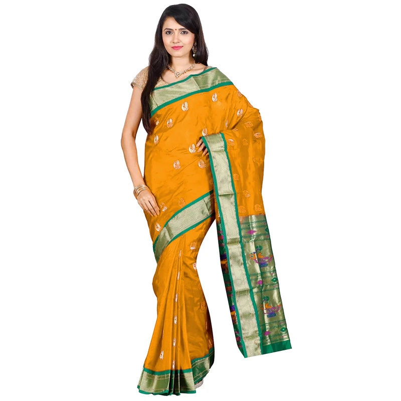 Handwoven Paithani Pure Silk Orange and Green Border Saree with Silk Mark