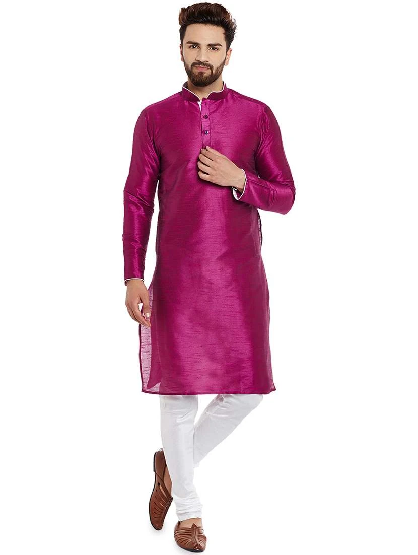 Magenta Dupion Silk Mens Kurtha with White Pajama