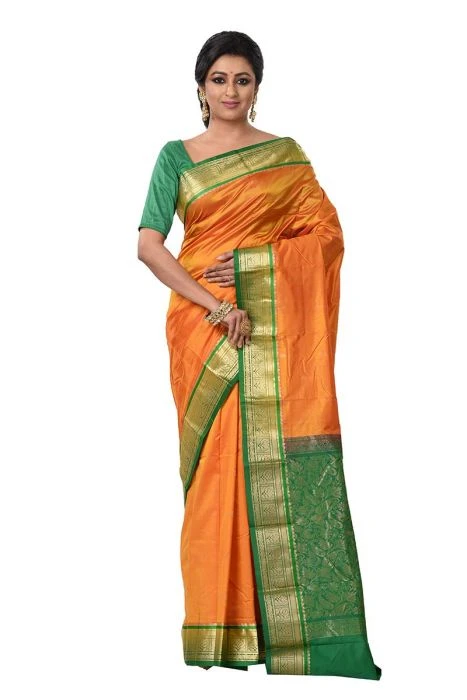 Nine Yards Kanchipuram Pure Silk Saree in Orange with Green Contrast