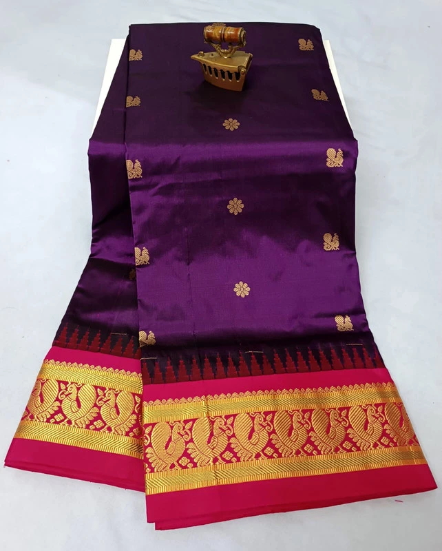 Magenta with Rani contrast Gadwal traditional silk saree with zari border for festive and wedding occasions