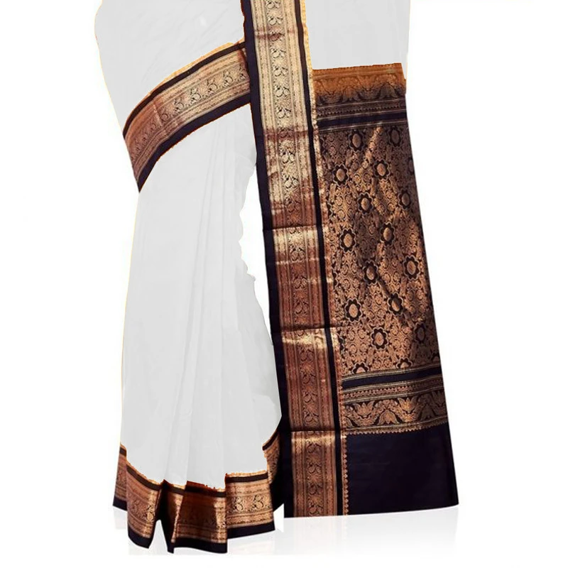 Kanchipuram Pure Silk Saree in Milk White with Black Contrast for Durga Pooja