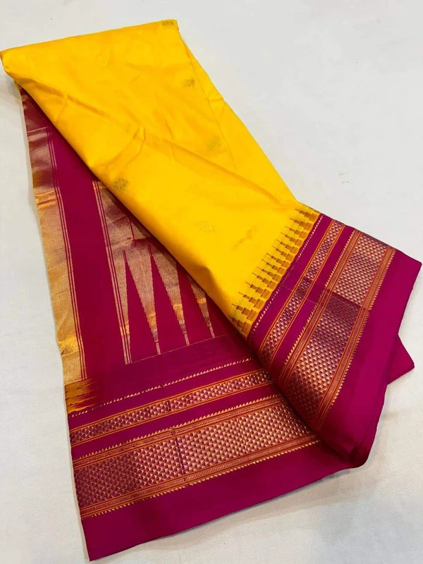Golden Yellow and Rani Border - Traditional Handwoven Ilkaal Butta Saree