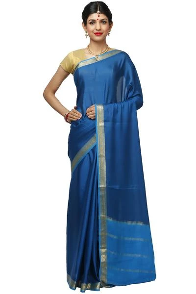 Yale Blue and Anandha Blue contrast Handwoven Pure Mysore Silk saree