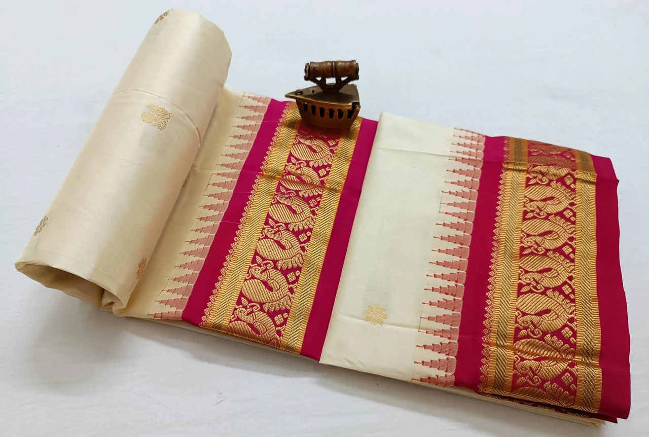 Off white with Rani traditional silk saree with zari border for festive and wedding occasions