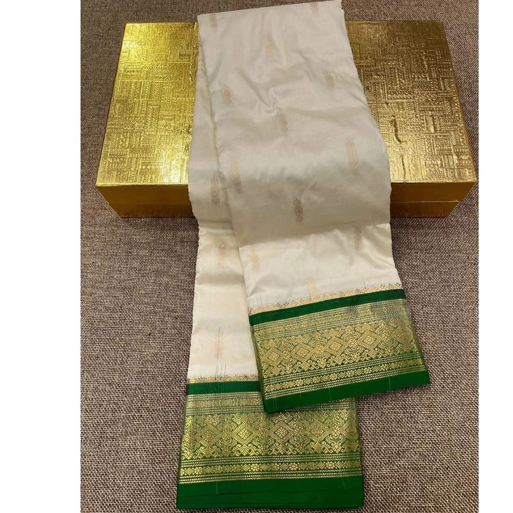 Kanchipuram Pure Silk Saree in Off White with Green Contrast