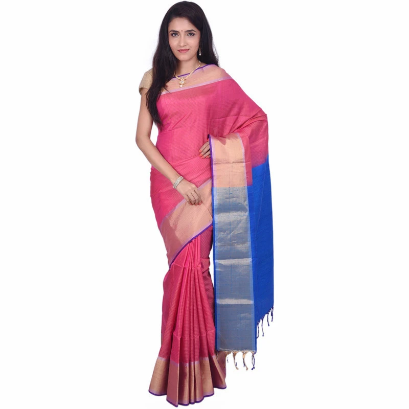 Kanchipuram Dupion Pure Silk  Saree in Pink With Blue Pallu Handwoven Saree