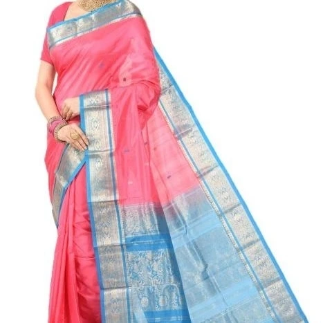 Orange and Ananda Blue Contrast Traditional Kanchipuram Pure Silk Saree