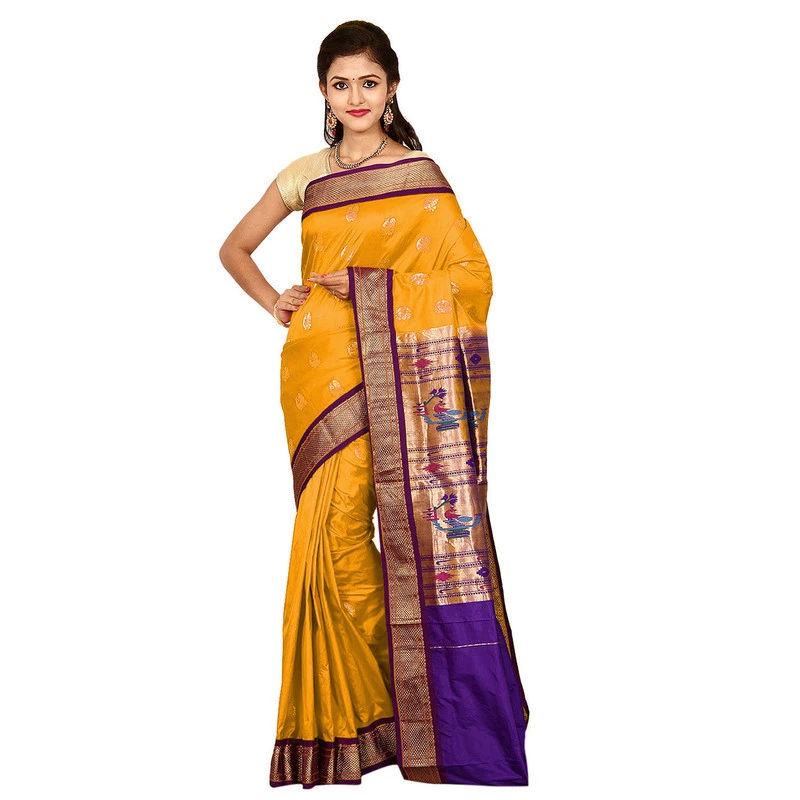 Paithani Pure Silk Mustard Yellow with Violet Border Meena Butta  Saree with Silk Mark