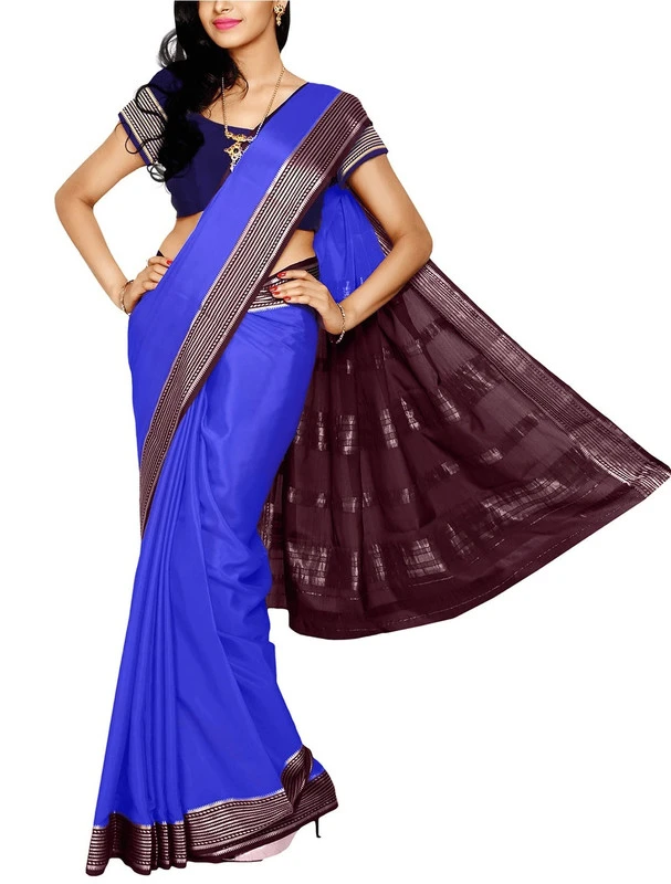 Blue with Brown Contrast MultiLine Border Premium Quality Pure Mysore Silk Saree