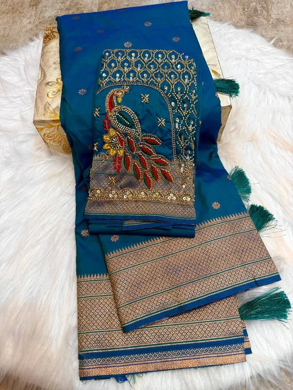 Premium Navy Blue Semi Silk Paithani Saree with Peacock Embroidery Blouse