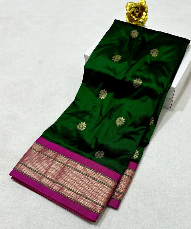 Stunning Dark Green Pure Silk Paithani Saree with Gold Lotus Buti & Contrast Magenta Border
