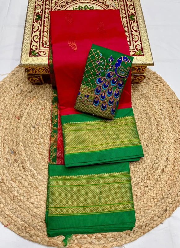 Red wth Green Border Semi Silk Paithani Saree with Peacock Embroidery Blouse