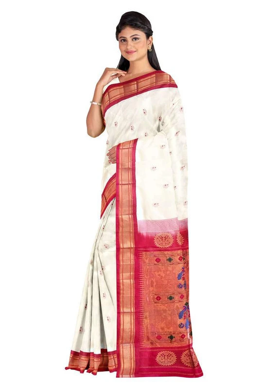 Paithani Pure Silk White and Rani Pink Border Meena Butta  Saree with Silk Mark