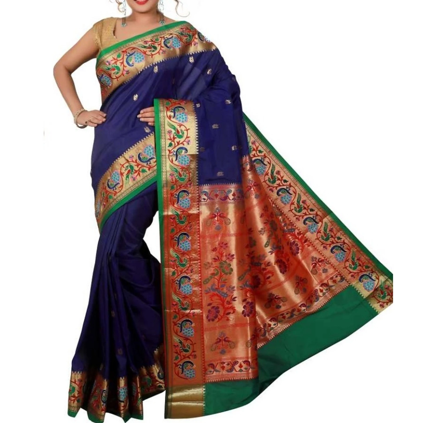 Royal Blue and Green Embroidery Border Paithani Art Silk Saree