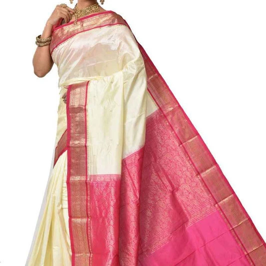 Tussar Cream and Rani Pink Blue Contrast Traditional Kanchipuram Pure Silk Saree