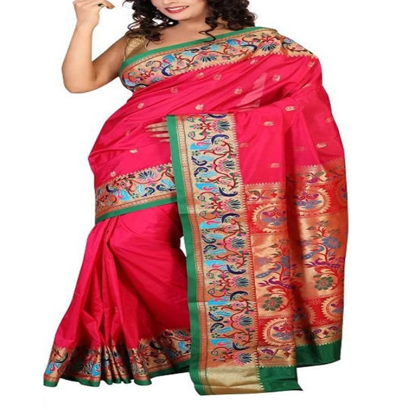 Tamoto Red and Green Woven Embroidery Border Paithani Art Silk Saree
