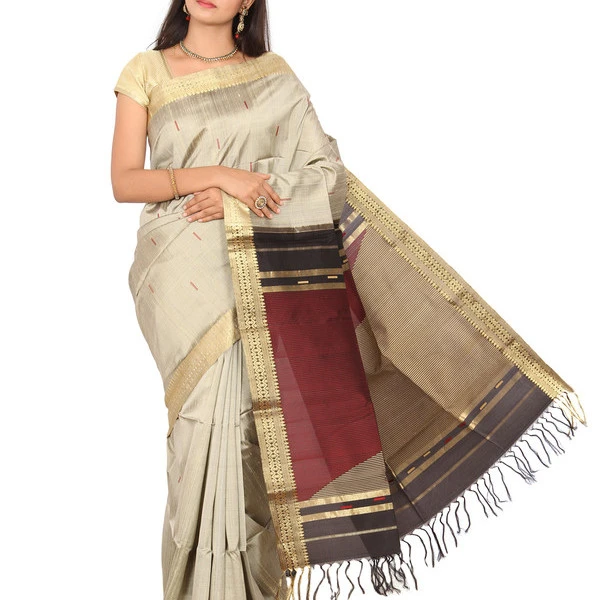 Kanchipuram Dupion Pure Silk  Saree in Grey with Multicolor  Colored Pallu Fancy Saree