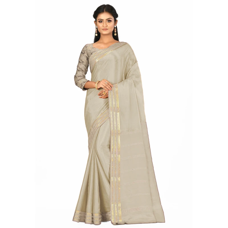 White Self Coloured Three Lines Border Pure Mysore Silk Saree with silk Mark