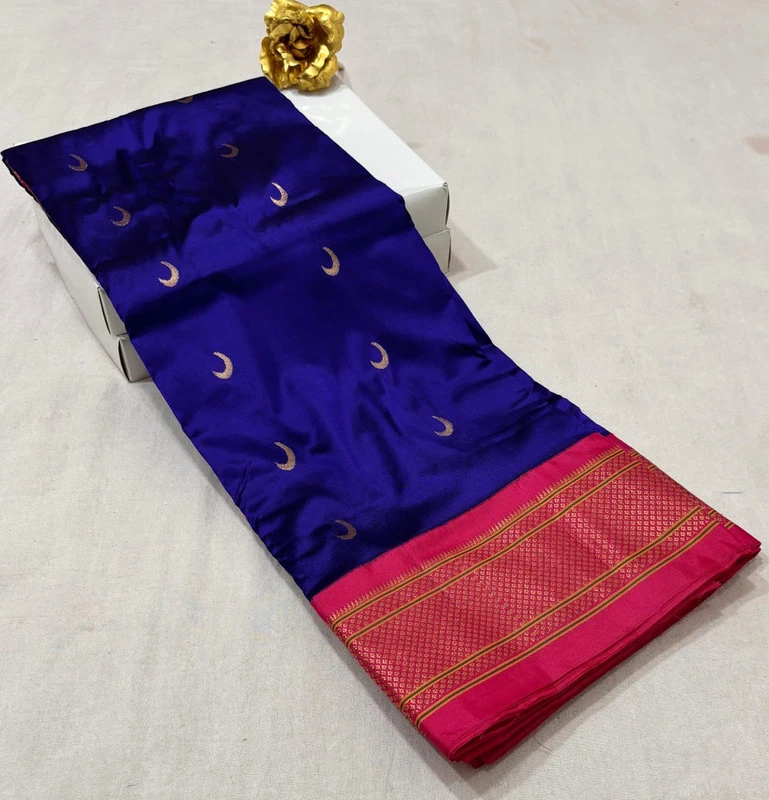 Royal Blue with Pink Border Paithani Pure Silk Saree with Meena Butta weaving and traditional zari border