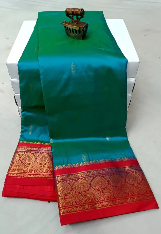 Turquoise Green with Rani Contrast traditional silk saree with zari border for festive and wedding occasions