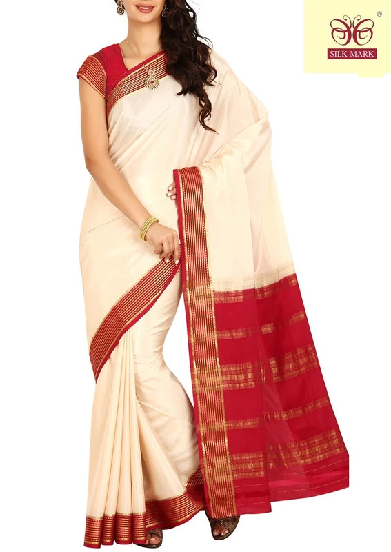 Tussar Cream with Red Contrast MultiLine Border Premium Quality Pure Mysore Silk Saree