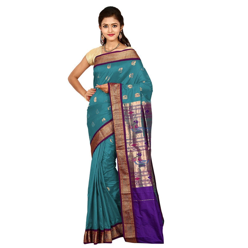 Paithani Pure Silk Anandha Blue with Violet Border Meena Butta  Saree with Silk Mark