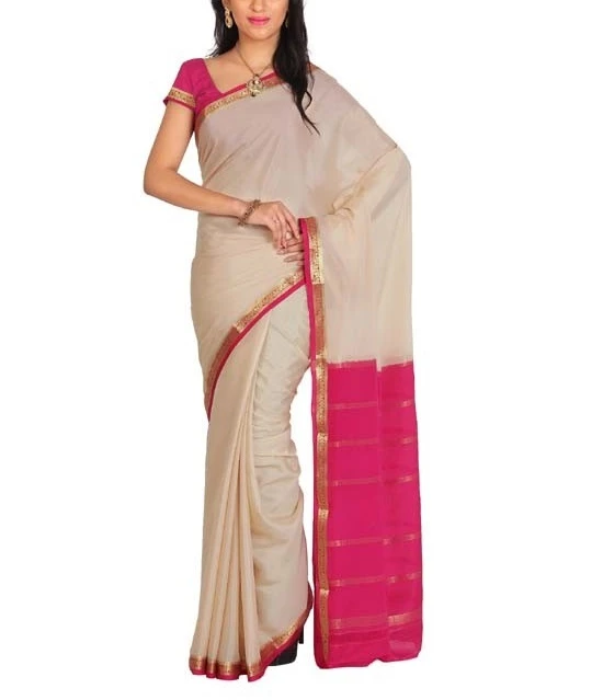 Milk White with Pink Contrast  Pure Mysore Silk Handwoven saree