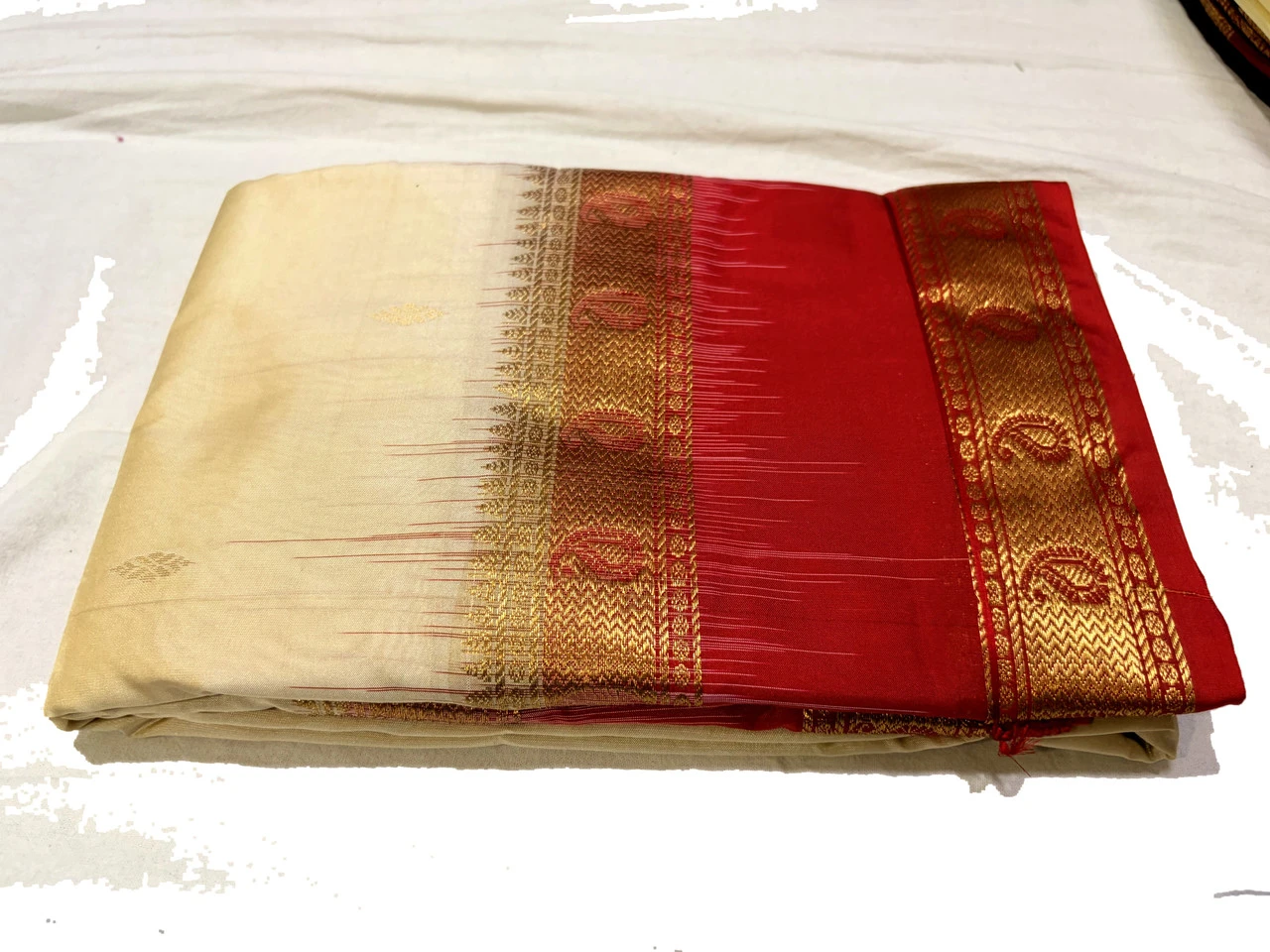 Cream & Red Kanchipuram Pure Silk Saree with Blouse