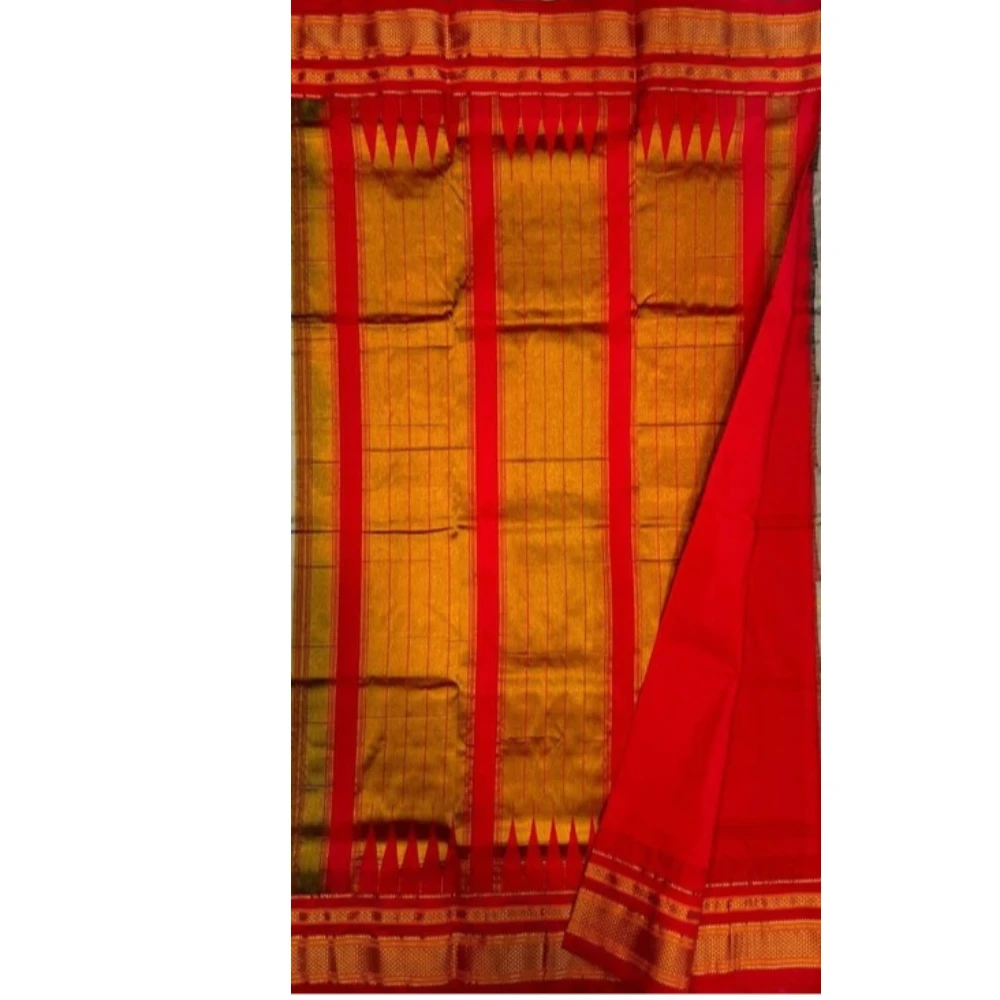Ivory White pure Ilkaal Butta saree with Pink zari contrast border and traditional gold motifs