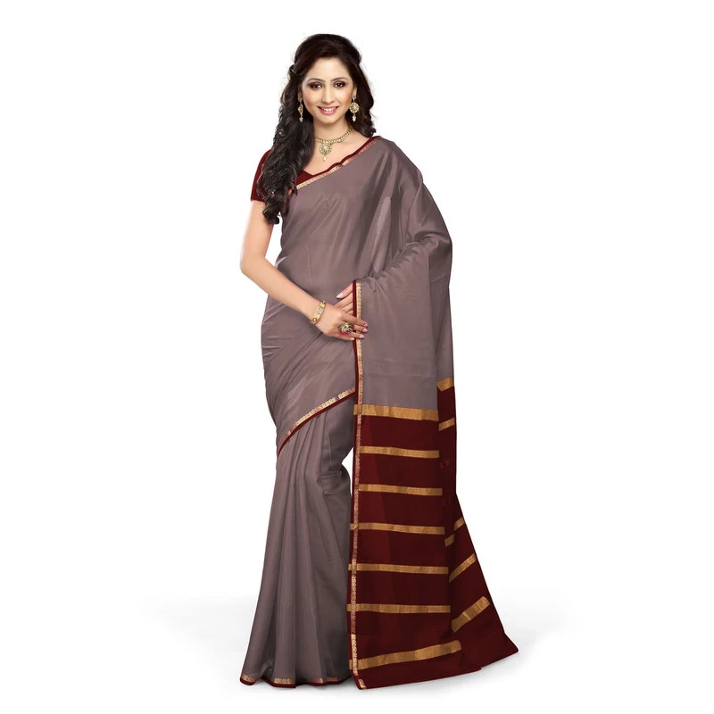 Pure Mysore Silk Saree in Brownish Gery and Brown Contrast Mango Border