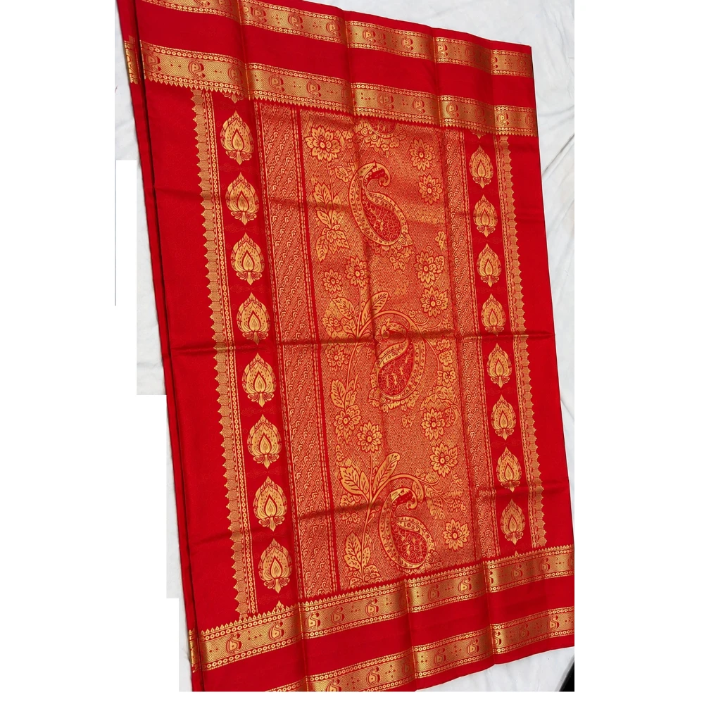 Deep navy blue silk saree with Red Bentex border, paisley woven.