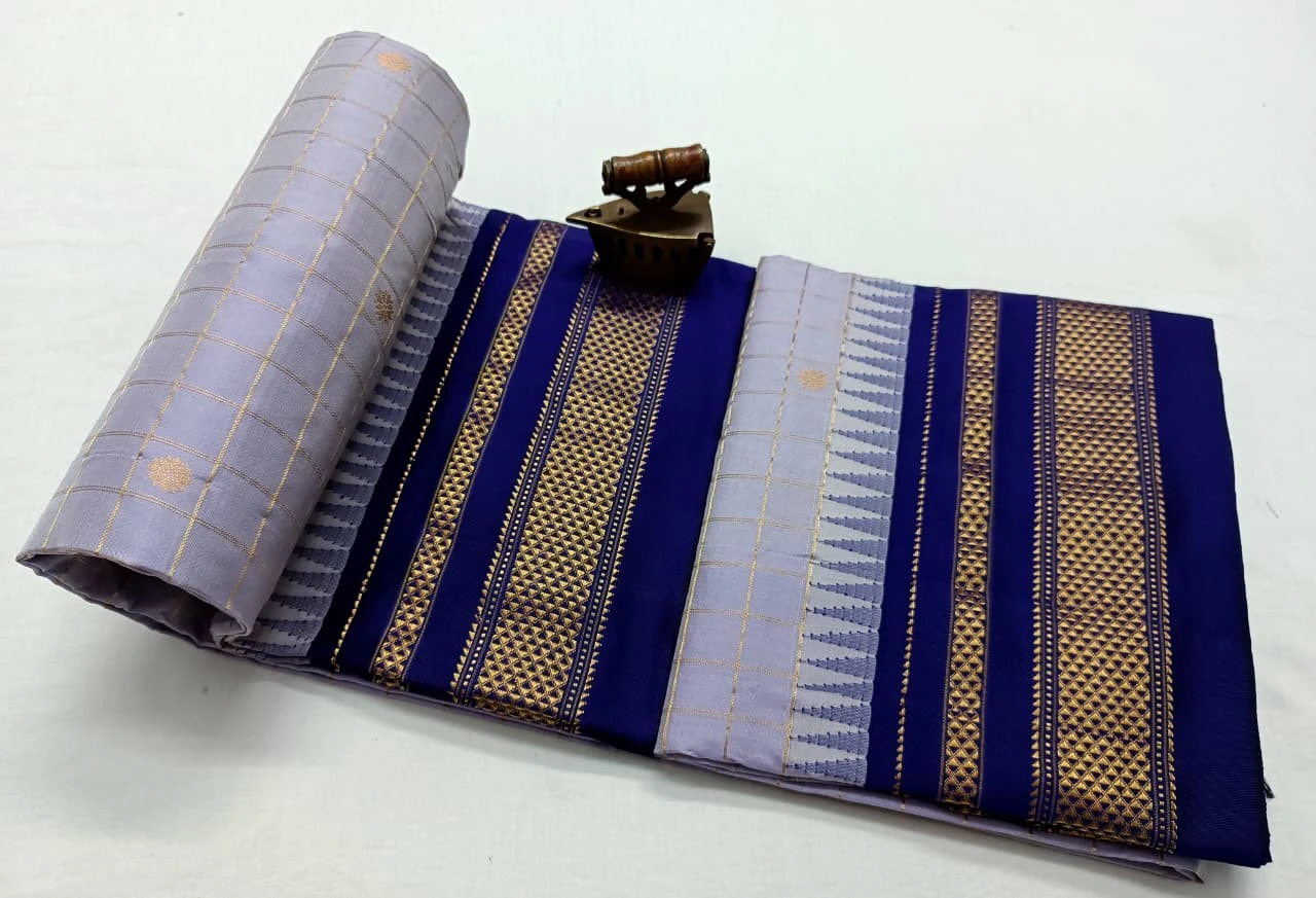 Pure Ilkaal Checks saree in Lavender & Royal Blue with zari border and traditional woven patterns